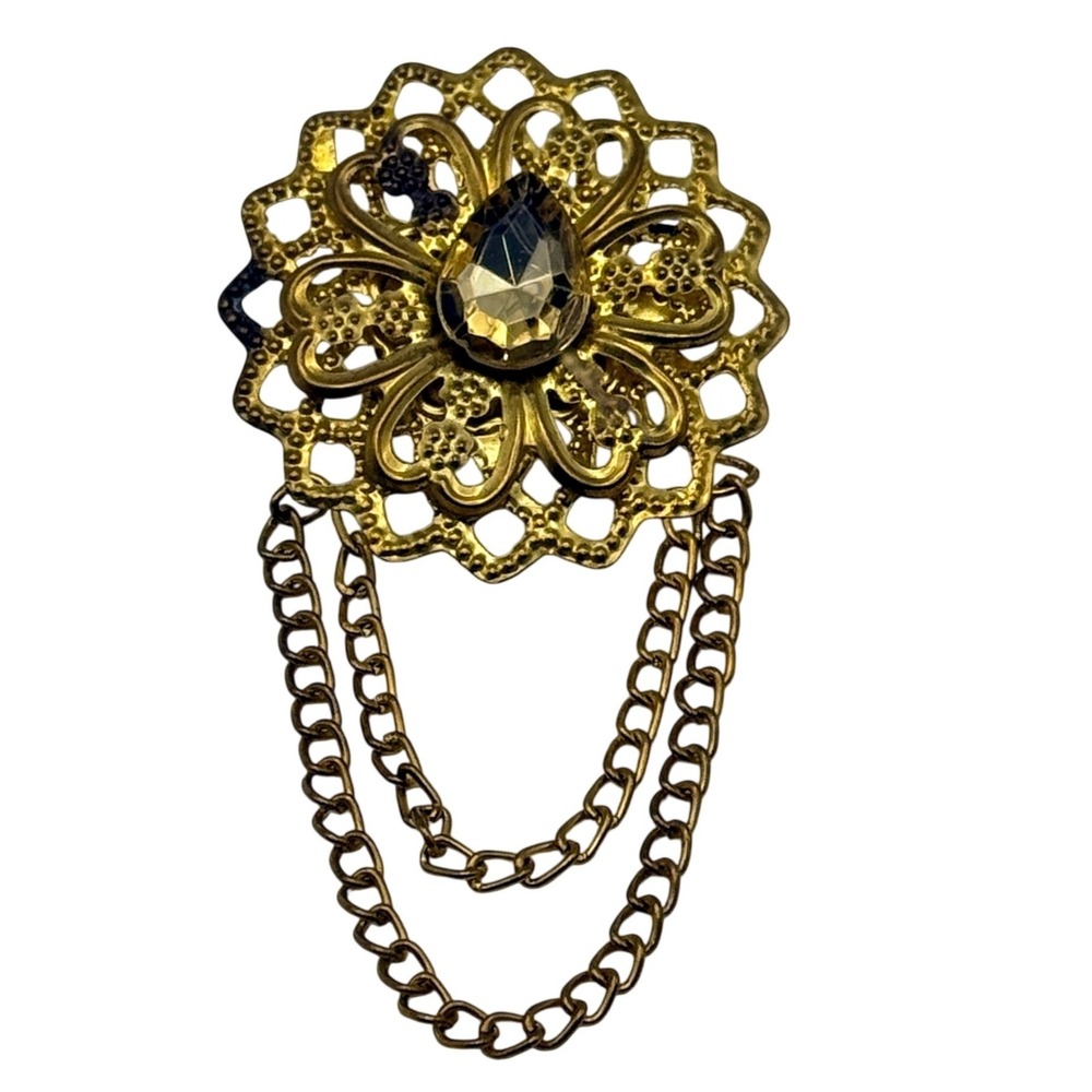Vintage Gold Tone Sweater Guard Cardigan Clip Filigree Rhinestone Double Chain
